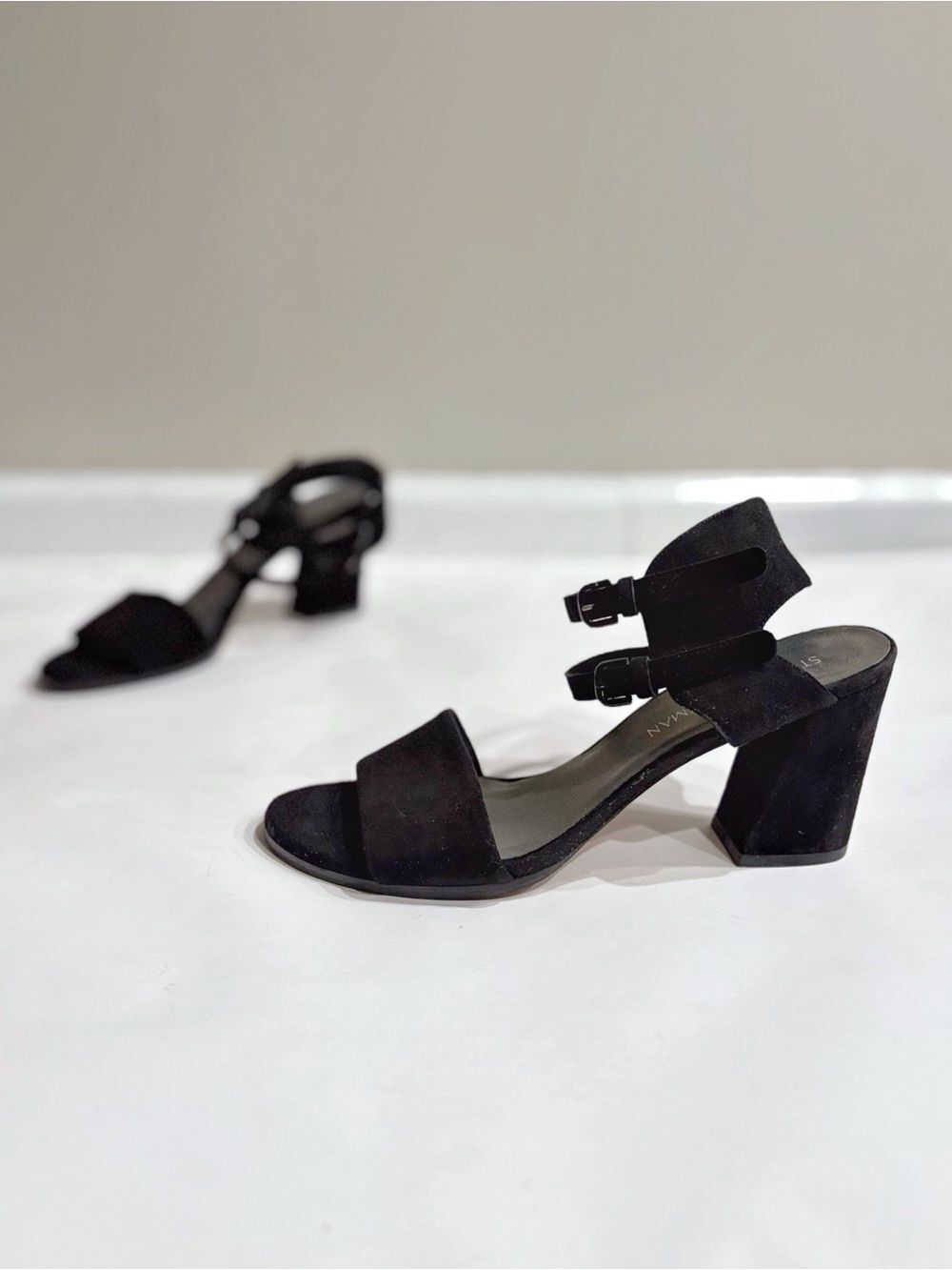 Stuart Weitzman Twoways Black Suede Block Heel Sandals  Sz 9.5M Minimalist Party
